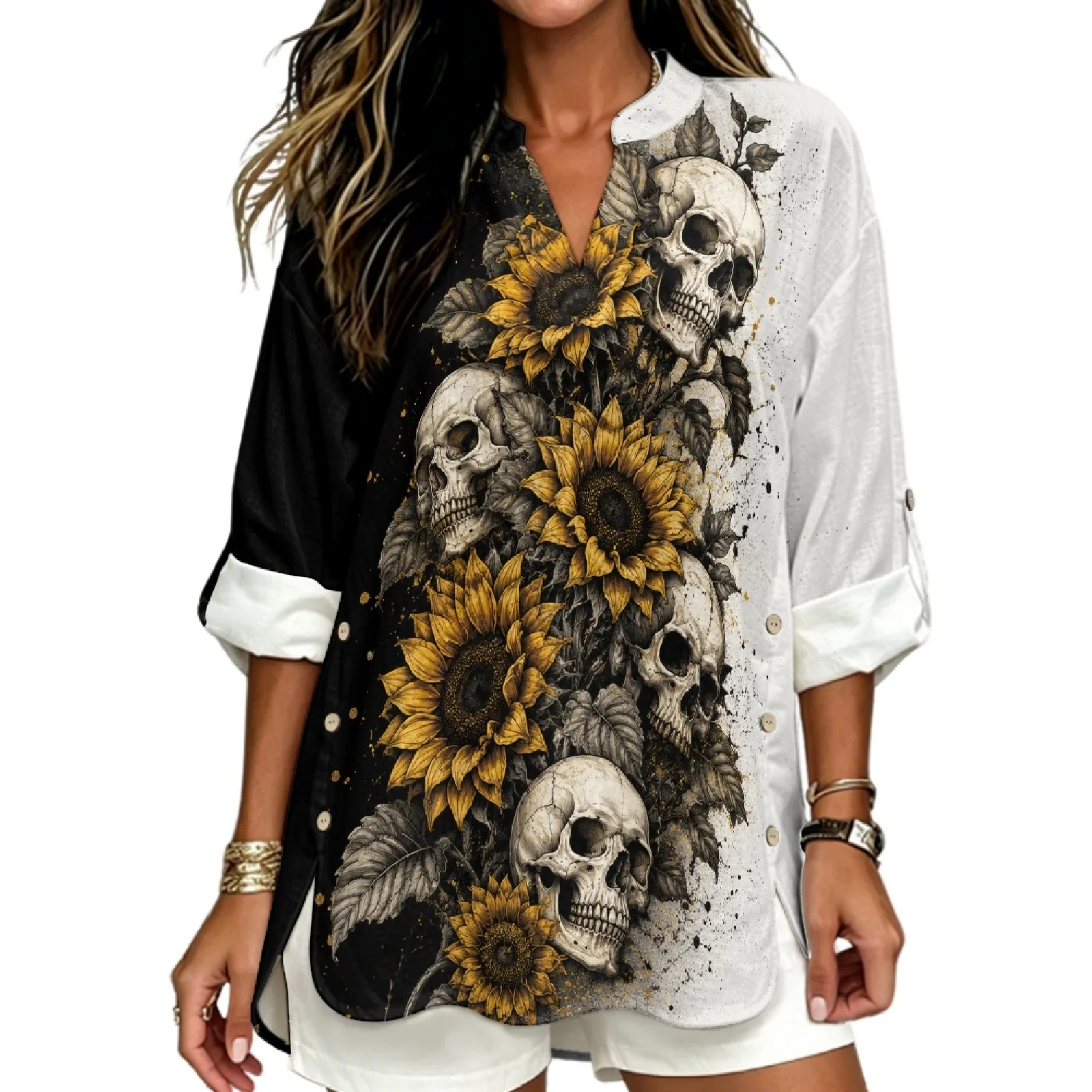 PENSTROLL Skull Sunflower Print with Side Slit Women's Tops for Womens Linen Like Long Sleeve Blouses V Neck Blouse