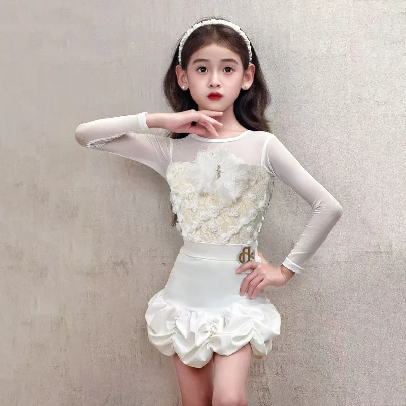 Girls Latin Dance Dress Kids High End Practice Outfit New Fall Winter Children Latin Competition Performance Costume Dancewear