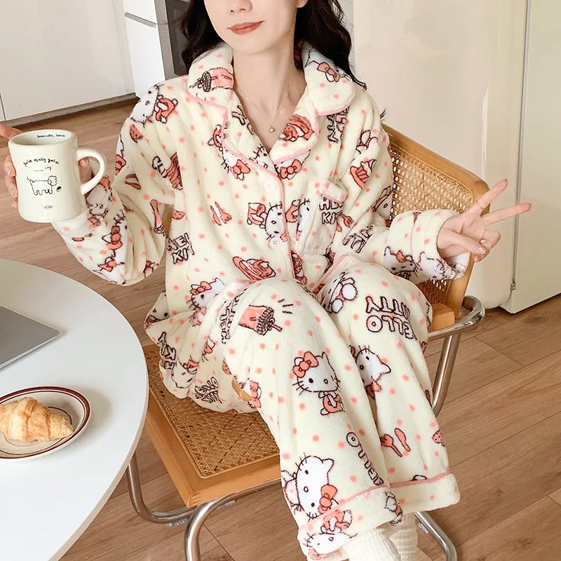 Miniso Female Coral Fleece Thickening Long Sleeves Leisure Wear Winter Kawaii Hello Kitty Comic Student Keep Warm Pajamas New