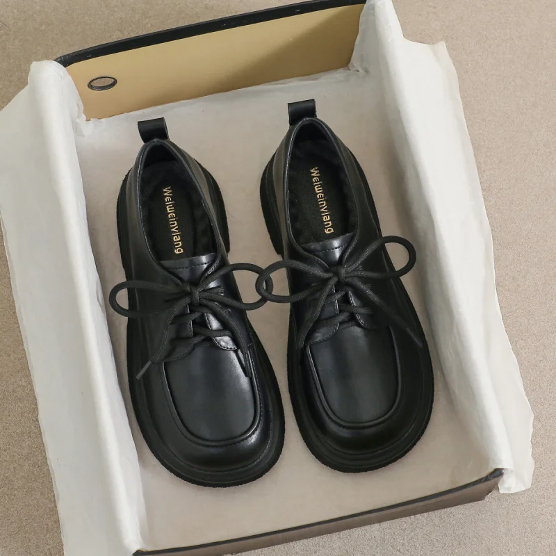 

Black lace-up leather shoes for women, college style, thick-soled, vintage soft-soled single shoes