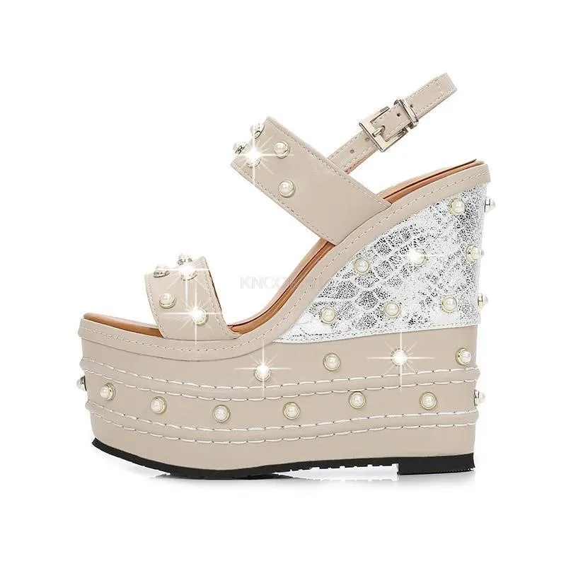 16 سنتيمتر سوبر عالية الكعب منصة صندل خشبي أحذية الصيف النساء حجر الراين المفتوحة تو أحذية الشاطئ مضخات الشرائح أحذية الصيف