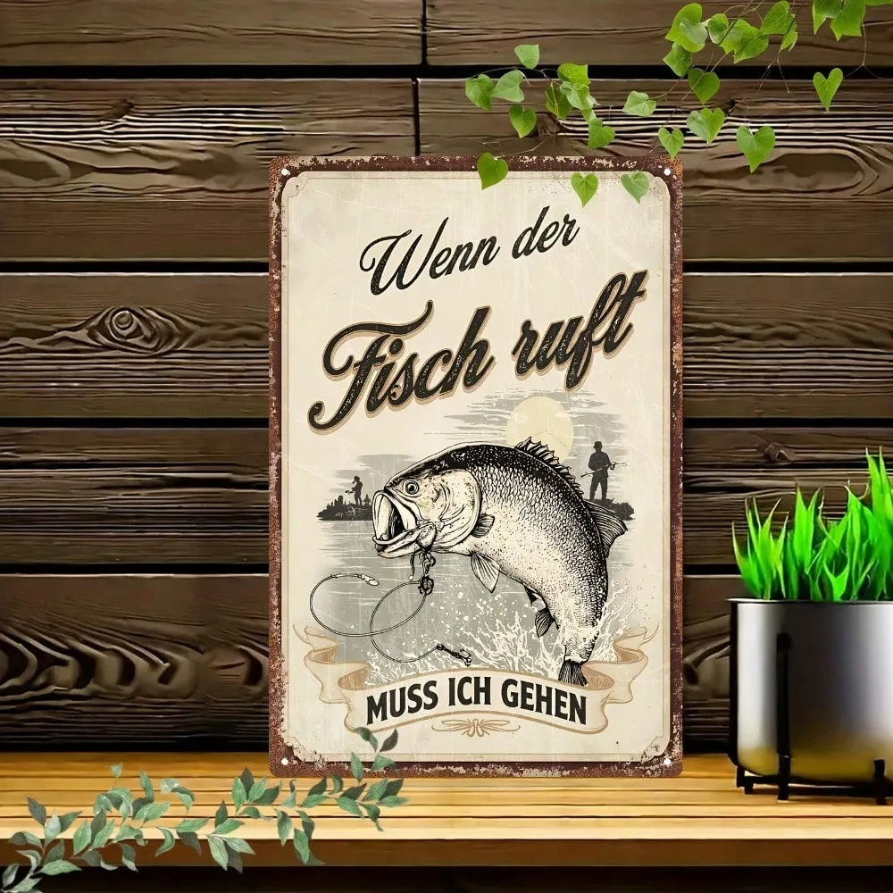 Vintage German Fishing Metal Sign | Retro Art Deco Style Wall Decor | Rustic 2D Flat Iron Construction with Large Fish & Angler