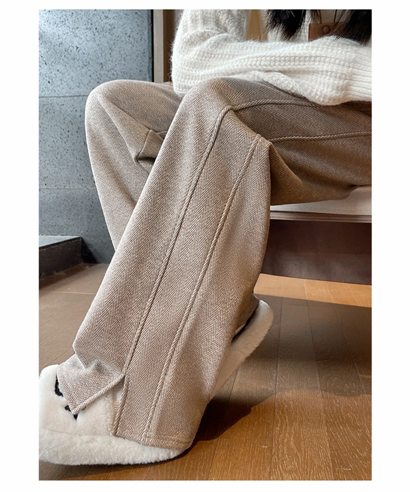 Kunstwollhose mit weitem Bein für Damen, modische elegante Baggy-Hose, Herbst-Winter-Bürohose für Damen, koreanische High-Waist-Straight-Hose, neu – Detail 13