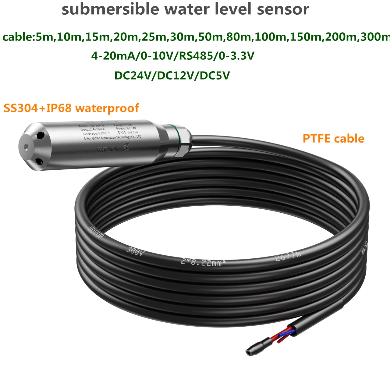 

IP68 Submersible water level Sensor 5m 10m 50m 100m 300m cable 4-20mA 0-10V output liquid pressure Transmitter