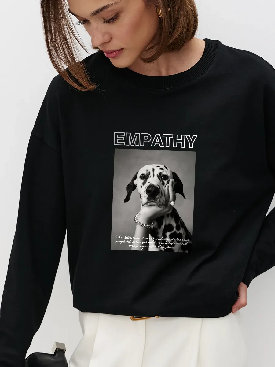 100% Cotton Women Long Sleeve T‑Shirt Letter Dalmatian Dog Chest Print Oversized Loose Autumn Casual Base Shirt For Female