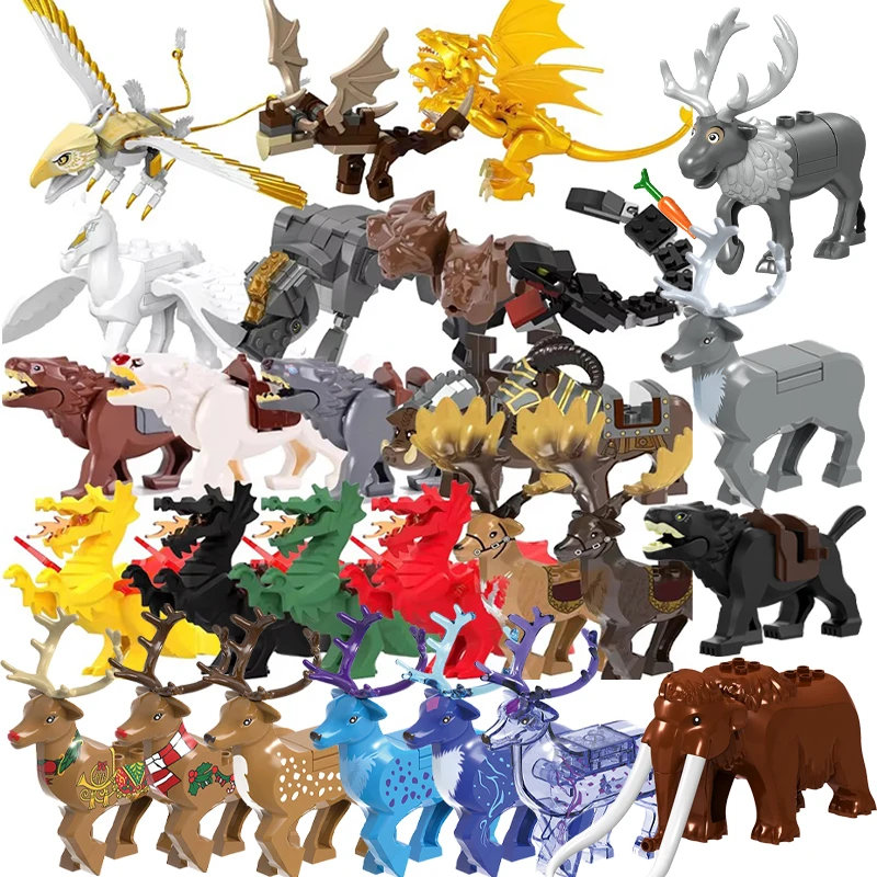 Décennie s de construction de figurines d\'animaux médiévaux pour enfants, mini modèle de briques, jouets de films magiques, dragon, wapiti,