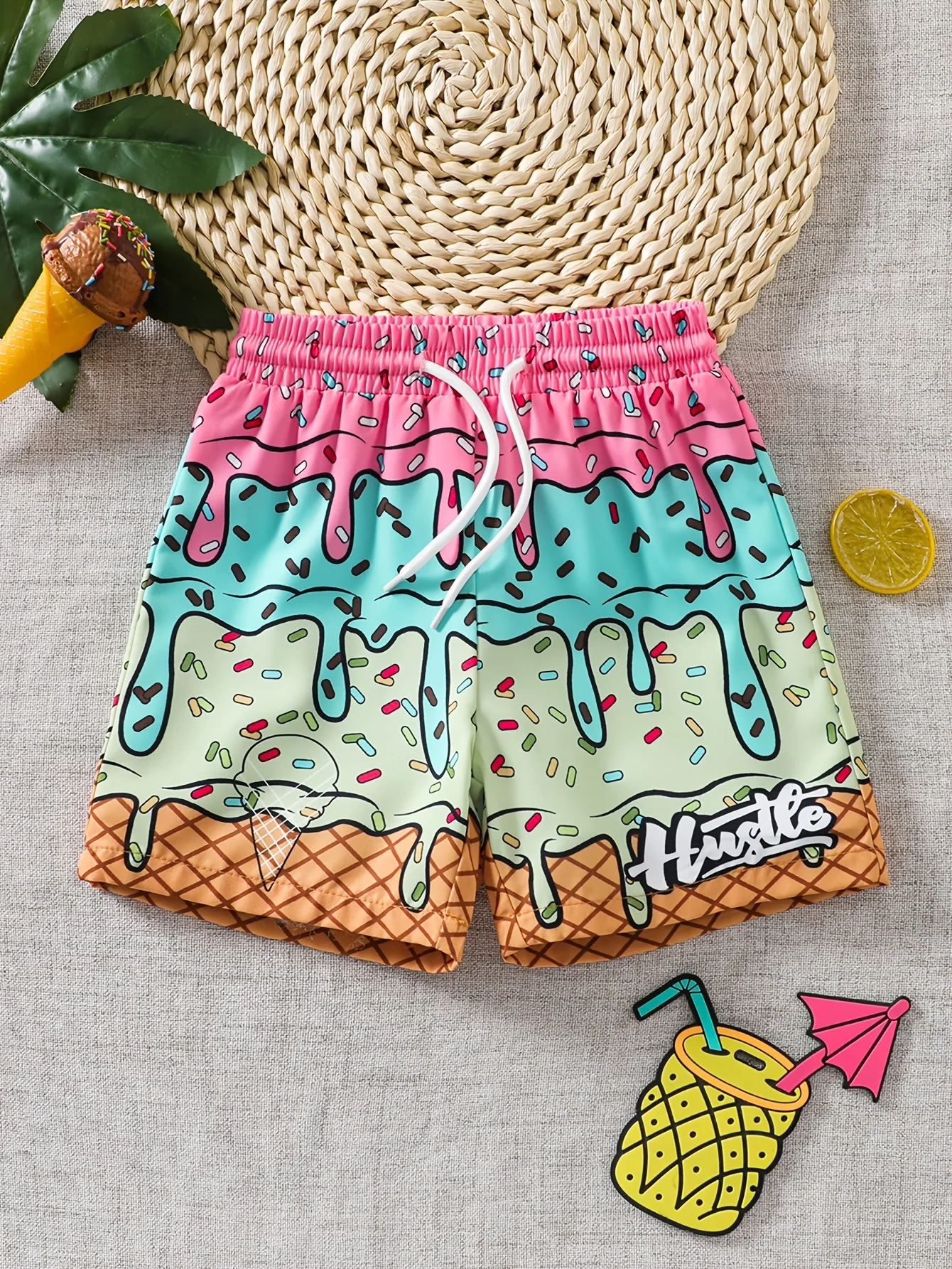 Kids' Ice Cream Cone Print Beach Shorts, Quick Dry Summer Swim Trunks with Pockets, Cute Sprinkle Casual Board Shorts