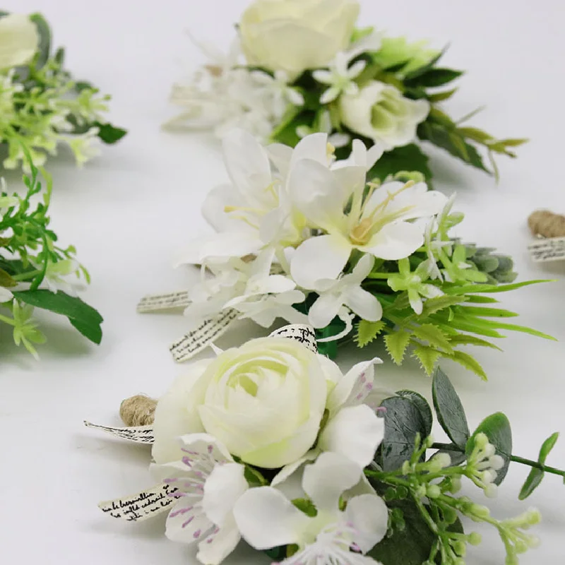 Boutonniere y ramillete de muñeca, suministros de boda, banquete, invitados, flores simuladas, novia y novio, serie blanca 181