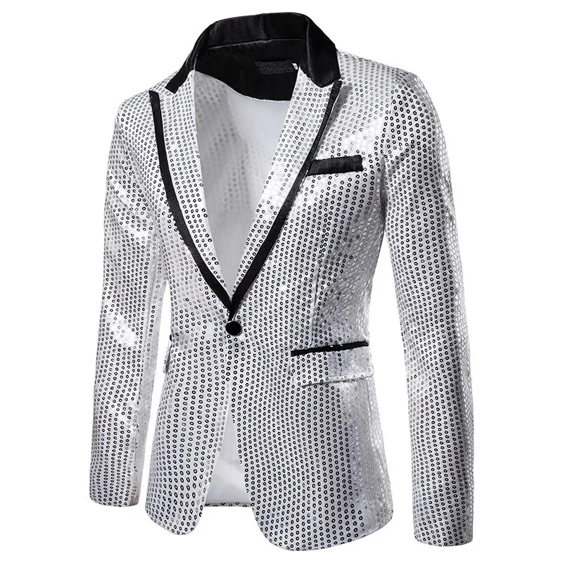 

Fashion Men Sequin Suit Gold / Silver Black Red Singer Host Luxurious Prom Party Stage Dress Blazers Jacket Size XXL-S