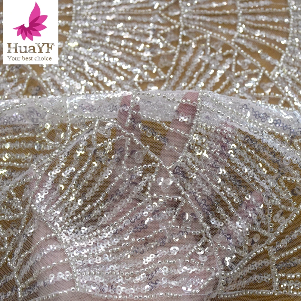 1 Yard Super Shiny Sliver White French 3D Beaded Sequins Fashion Mesh Bridal Lace Fabric for Wedding Party Events HY1688