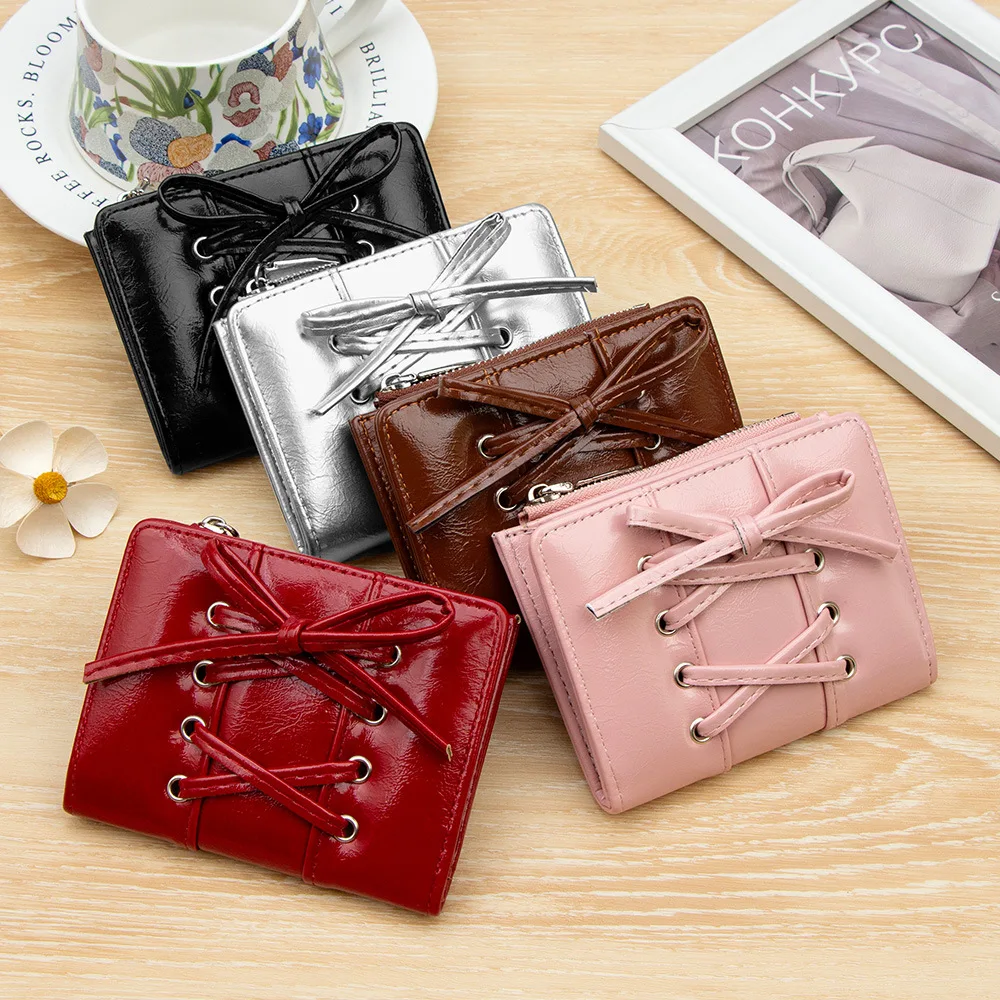 Korean New Style Short Wallet Simple Versatile Bow Tie Zipper Snap Two-Fold Small Compact Student Card  Money Wallet for Women