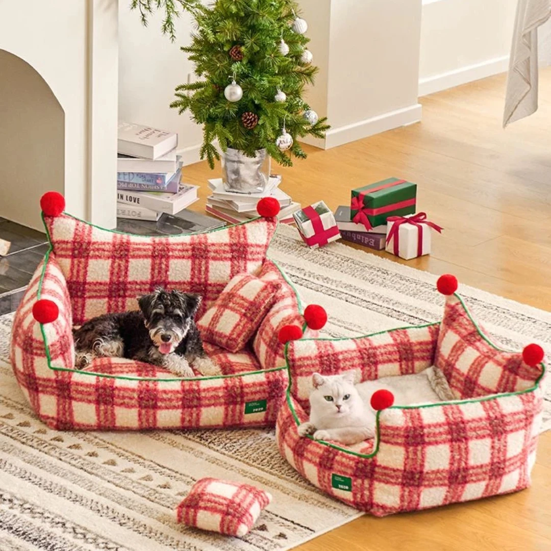 

Рождественская кровать для собаки, моющийся диван-гнездо, противоскользящее дно, красная сетка, кровать для домашних животных для маленьких и средних собак, рождественское украшение