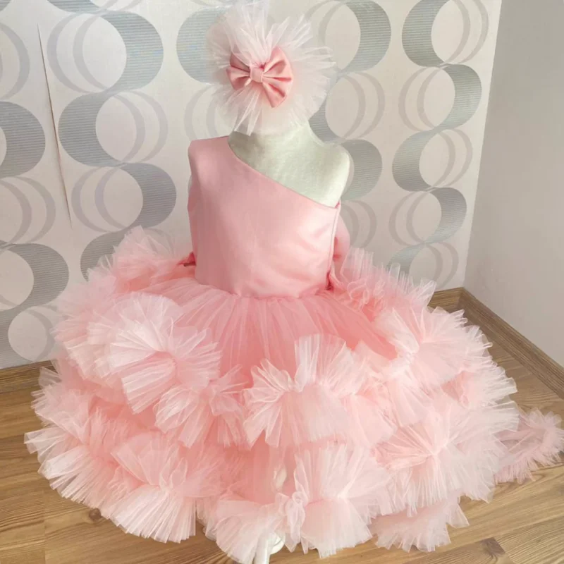 

Pink Flower Girl Dresses Tulle Puffy Tiered With Bow And Trailing Single Sleeve For Wedding Birthday Party Holy Communion Gowns