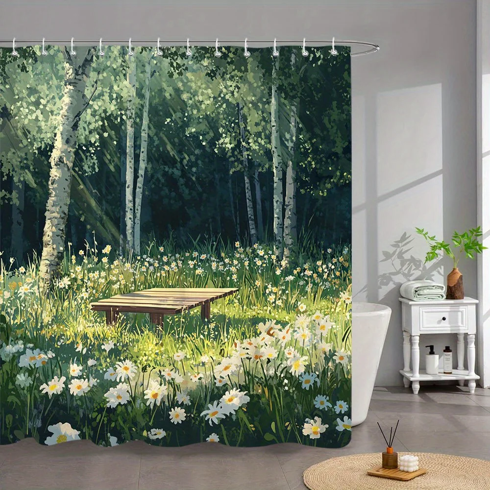 1pc Extra Large 70x70 Inch Bathroom Shower Curtain - Birch Forest Scene with Sunbeams, Blooming Daisies & Wooden Bench