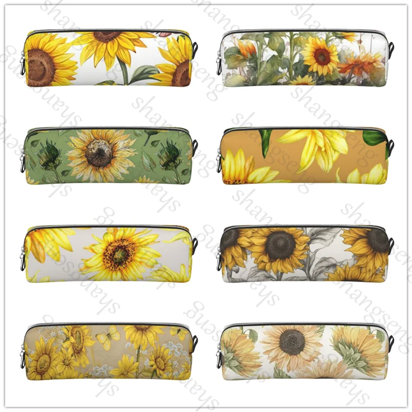 

Sunflower Leather Zipper Pencil Box Multifunctional Stationery Storage Bag Student Study Supplies Gift