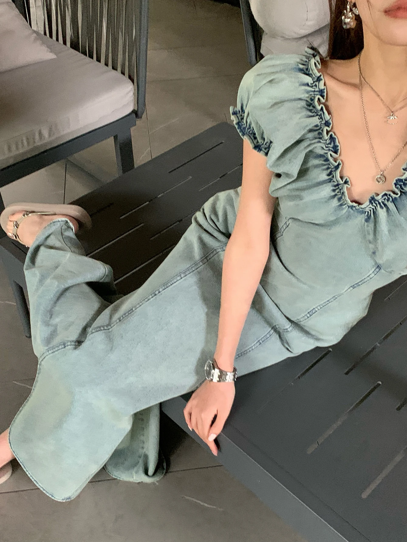 REDDACHiC Elegant Women Ruched V-neck Denim Long Dress with Puff Sleeves Plain Shirred Fishtail Summer One-piece Korean Clothes