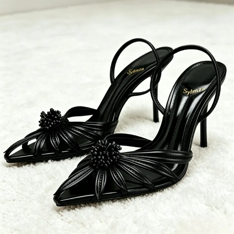 Novelty Flower Detail Gold Backless High Heels Ladies Summer Luxury Heeled Sandals Sexy Pointed Toe Designer Wedding Bride Pumps