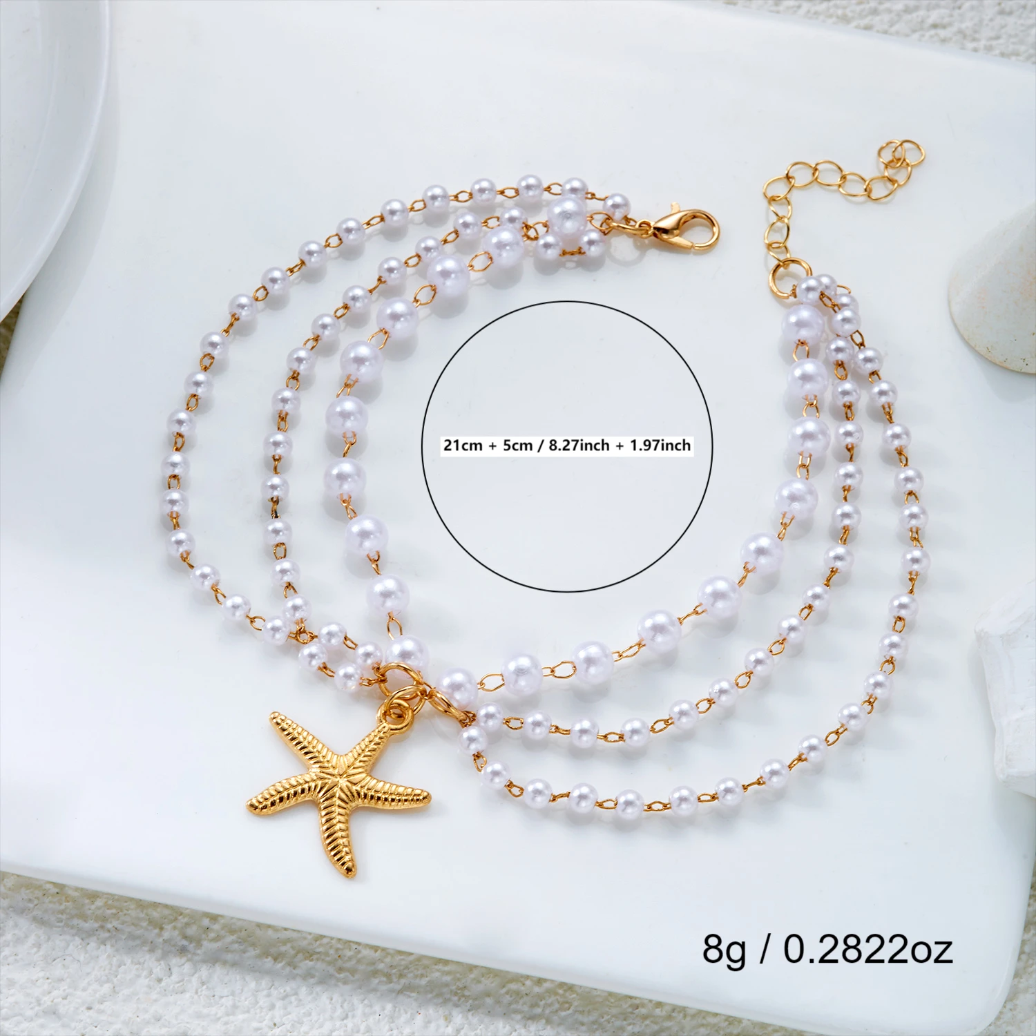 Böhmische Mehrschichtige Imitationsperlen-Quasten-Fußkettchen für Frauen Metall-Seestern-Anhänger Armband für das Bein Strand Barfuß-Schmuck – Detail 6