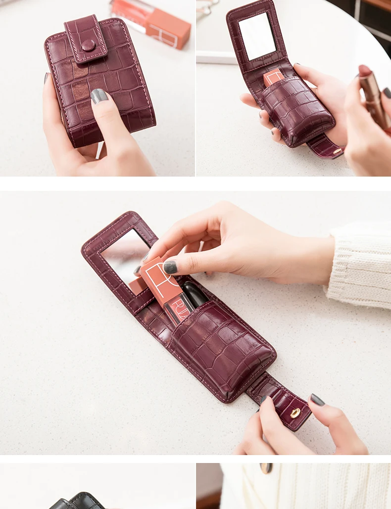 Tragbare Mini-Lippenstift-Tasche mit Spiegel, minimalistische kleine Kosmetiktasche mit Knopf, Damen-Make-up-Aufbewahrungskoffer mit Krokodilprägung – Detail 17