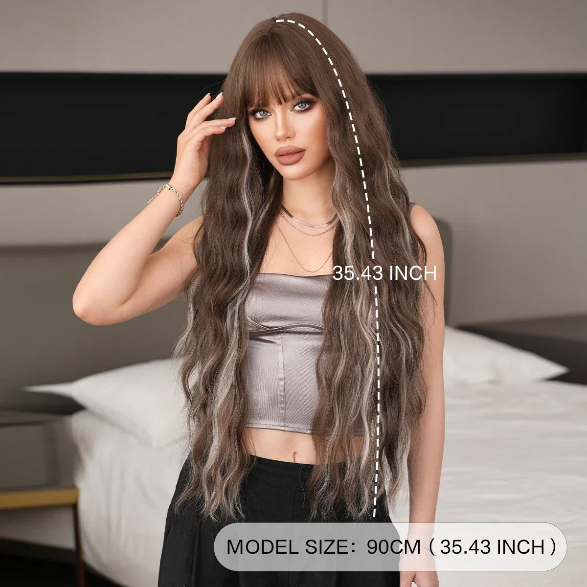 NAMM الاصطناعية طويلة متموجة مجعد براون الباروكات للنساء الاستخدام اليومي تسليط الضوء على الباروكات البيج مع الانفجارات مقاومة للحرارة الباروكات في 36 بوصة