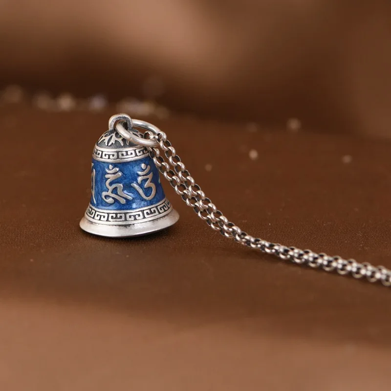 BOCAI 2023 New S999 Silver Retro Personality Cloisonné Om Mani Padme Hum Bell Pendant Couple Gift