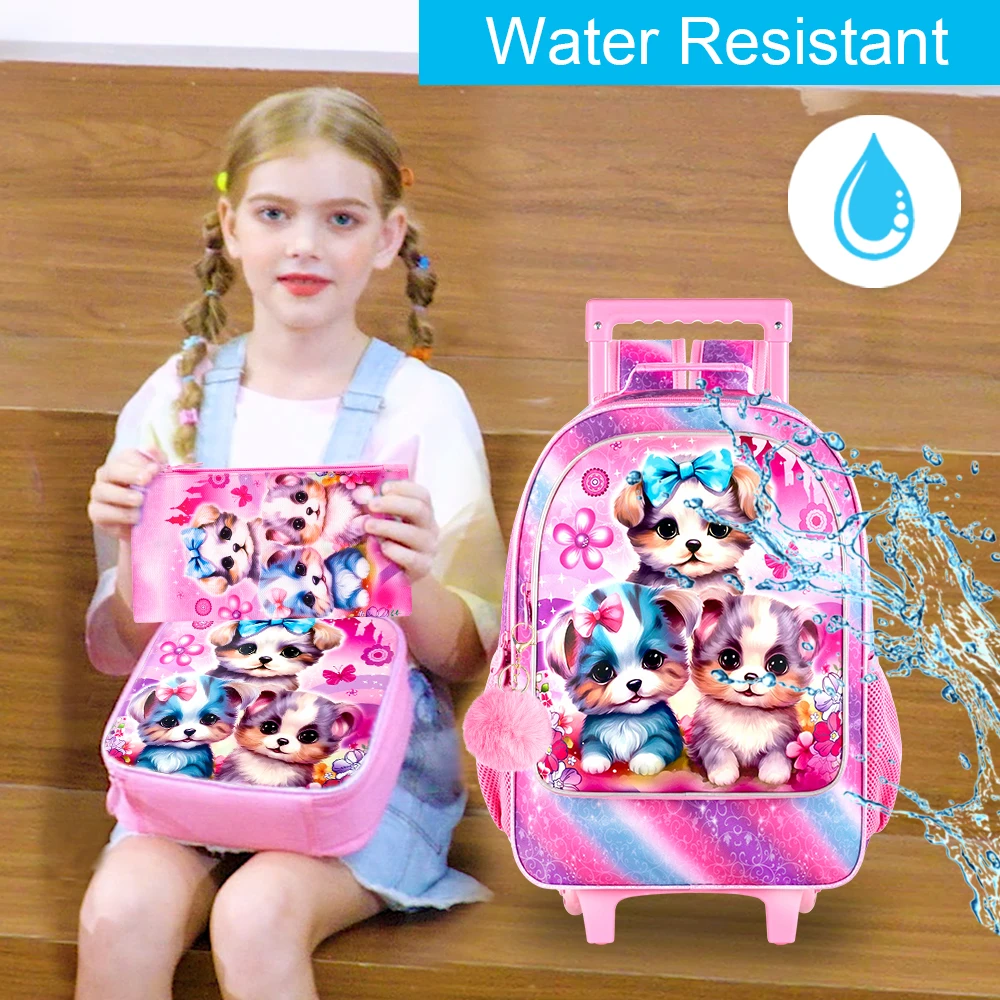 3PCS Rolling Backpack for Girls, Kids Roller Wheels Bookbag, Wheeled Elementary School Bag with Lunch Bag - Dog