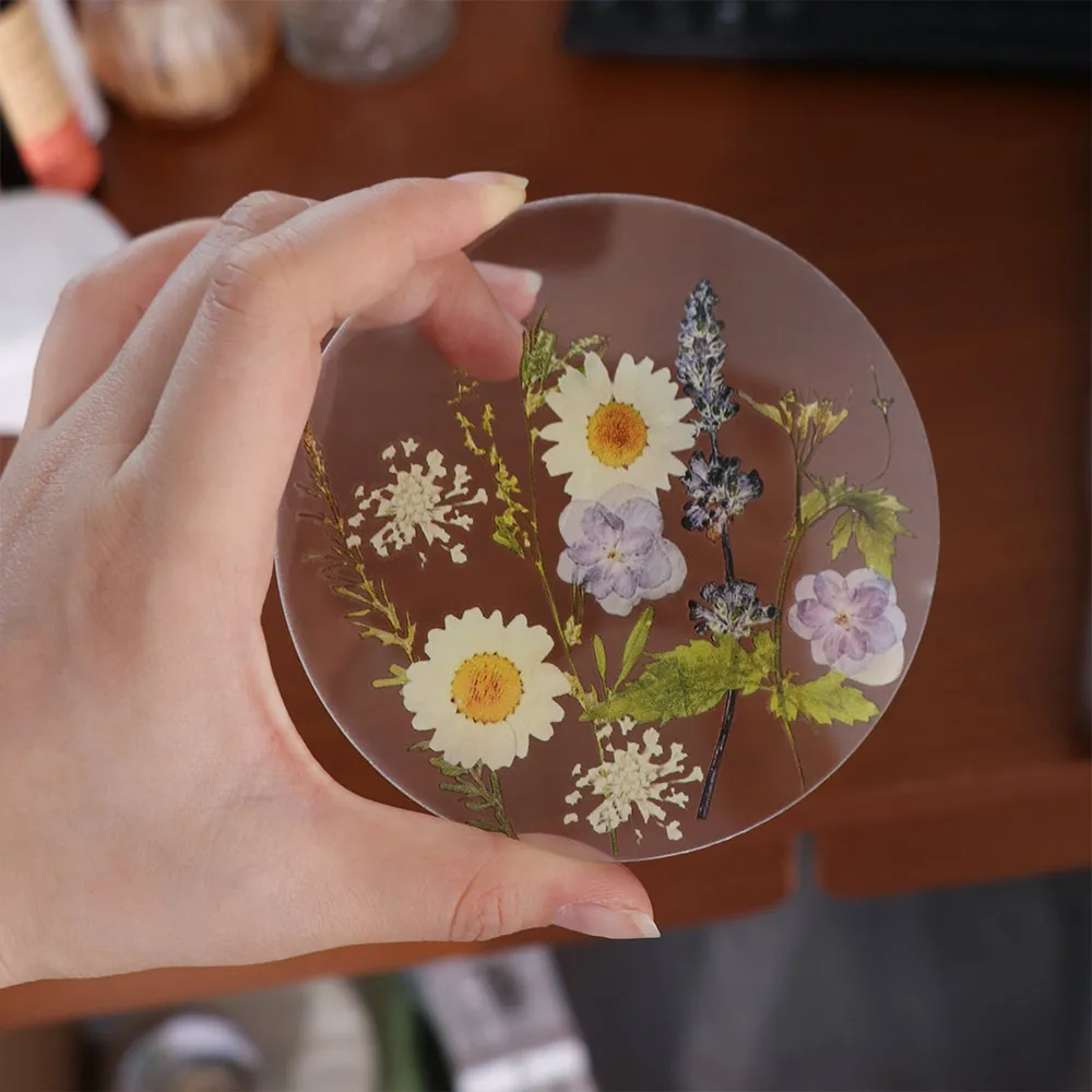 Table Decoration Round Acrylic Coasters Transparent Colorful Floral Print Coasters Sweet Cup Mat Dining Table