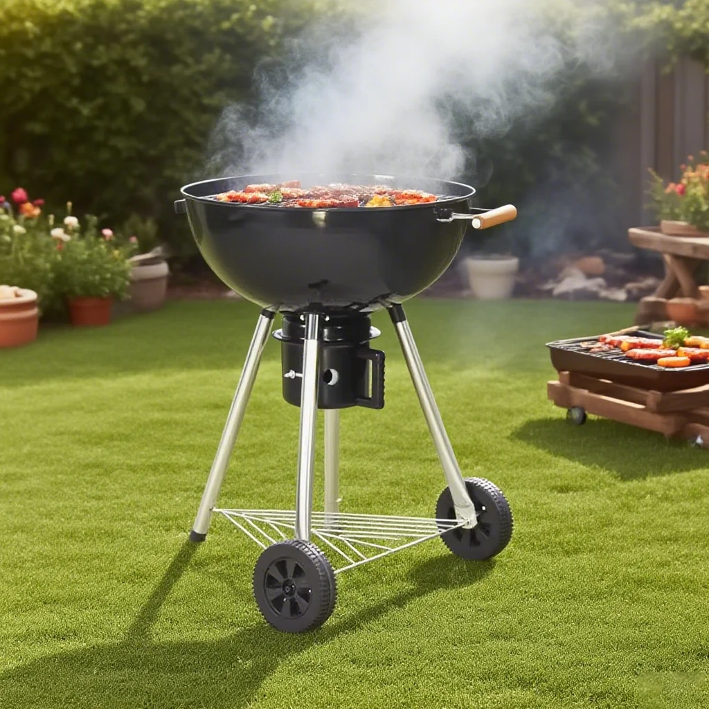 

Outdoor Charcoal Ceramic Barbecue Grill Two Wheels with Removable Flame Safety Device Multifunctional Design