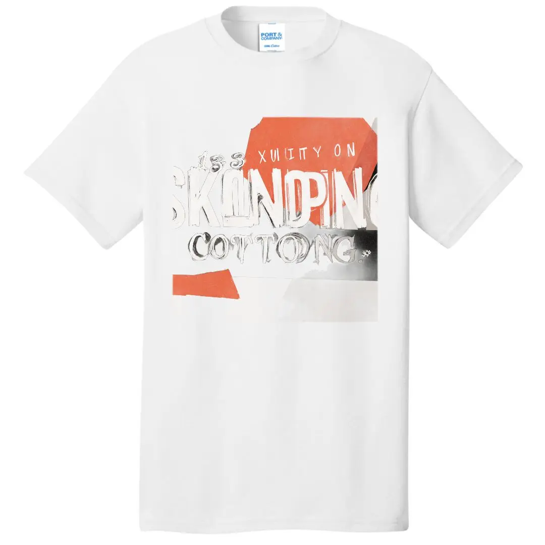 تي شيرت أبيض بأكمام قصيرة ورقبة دائرية مع تصميم جرافيك - خلفية حمراء غير منتظمة، نص مصمم (XUITY ON، SKINDING، COTTONG) #4