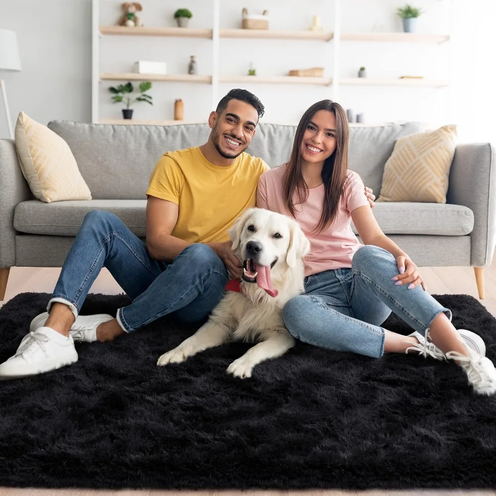 Extra Large 9x12 Area Rugs for Living Room,Fluffy Black Rug,Big Thick Plush Non-Skid Shag Carpet,Soft Shaggy Rugs