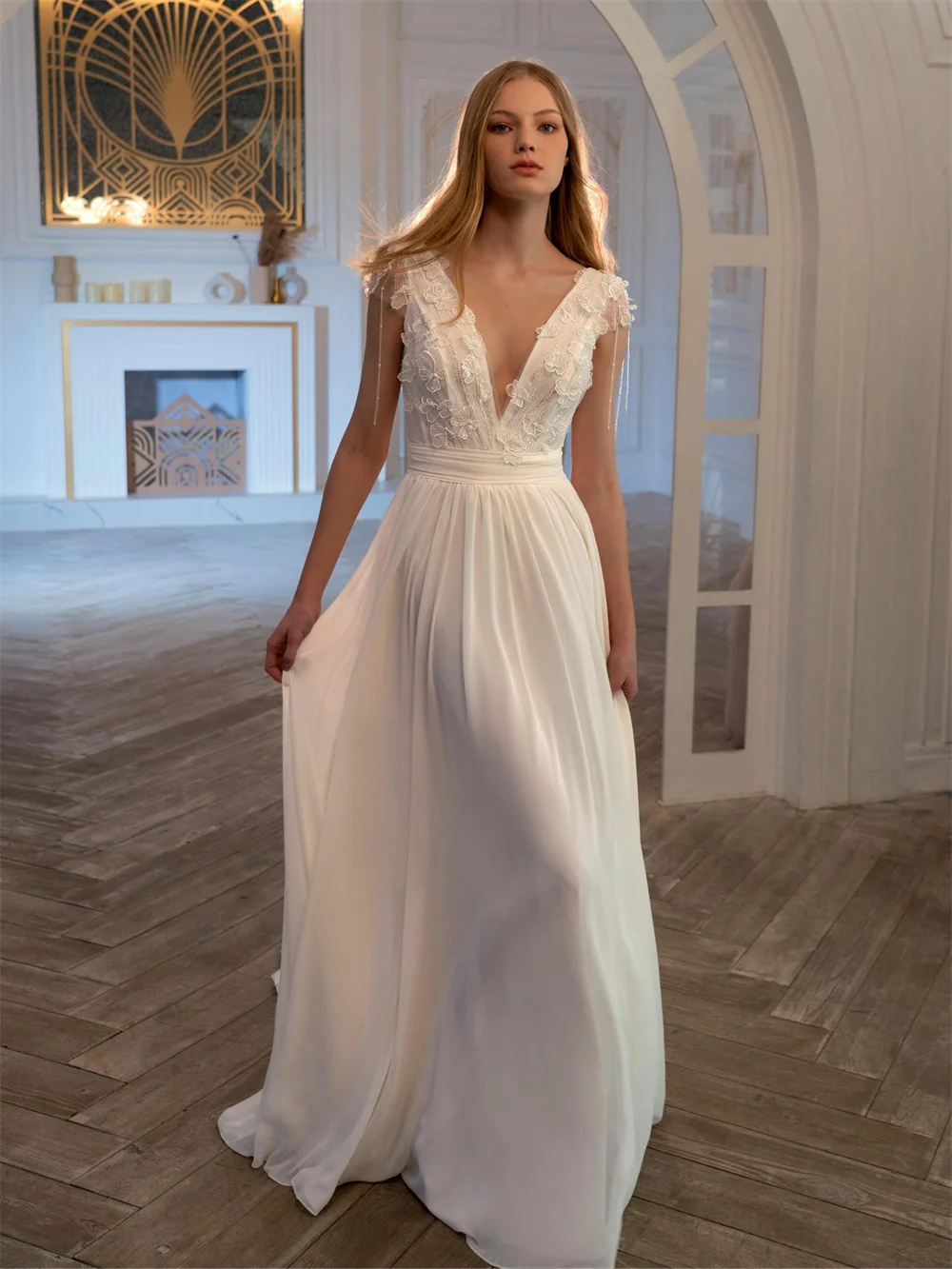 Kyoto Customized White Lace Flowers A-Line Wedding Dresses Spaghetti Strap V-Neck vestidos de novia Floor-Length Evening Dresses