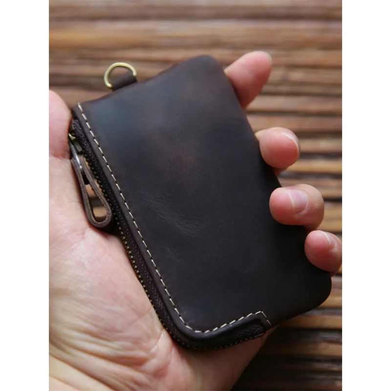 Men's Wallet Crazy Horse Leather Coin Purse with Keyring Small Mini Organizer Housekeeper Keys Bag