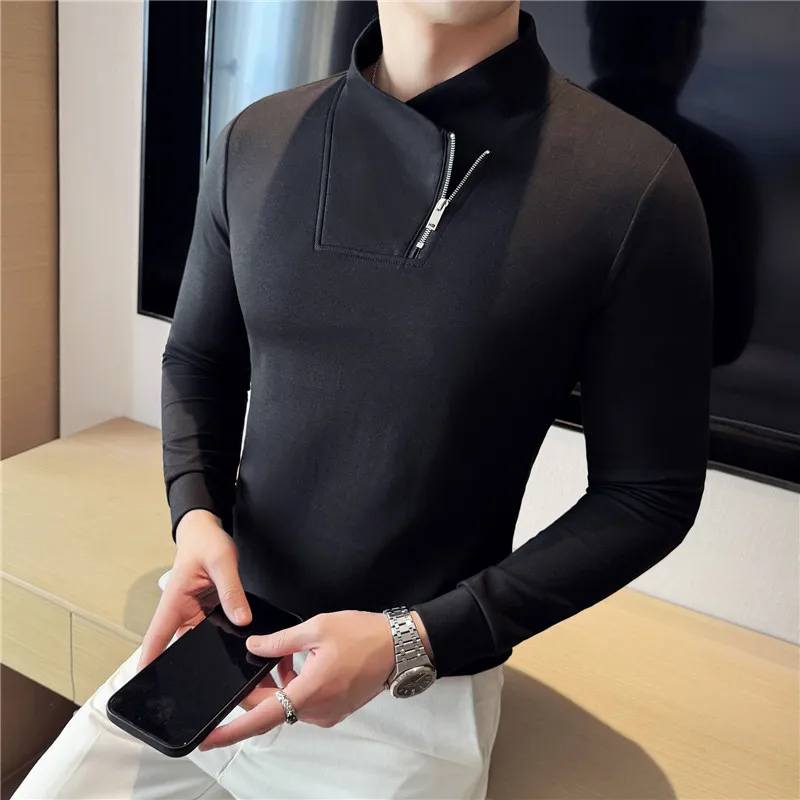 Fashion Zipper Semi High Neck Elastic T-shirt for Men Slim Fit V-neck Long Sleeved Base Shirt Versatile Casual Business Tee Tops