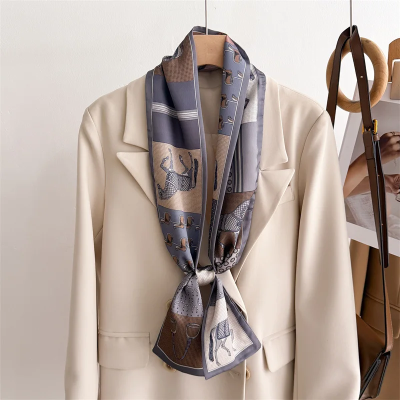 Pañuelo de seda de doble capa con estampado de caballo, estrecho y delgado, para decoración de cuello de traje, para hombre y mujer, para atar y usar como banda para el pelo largo