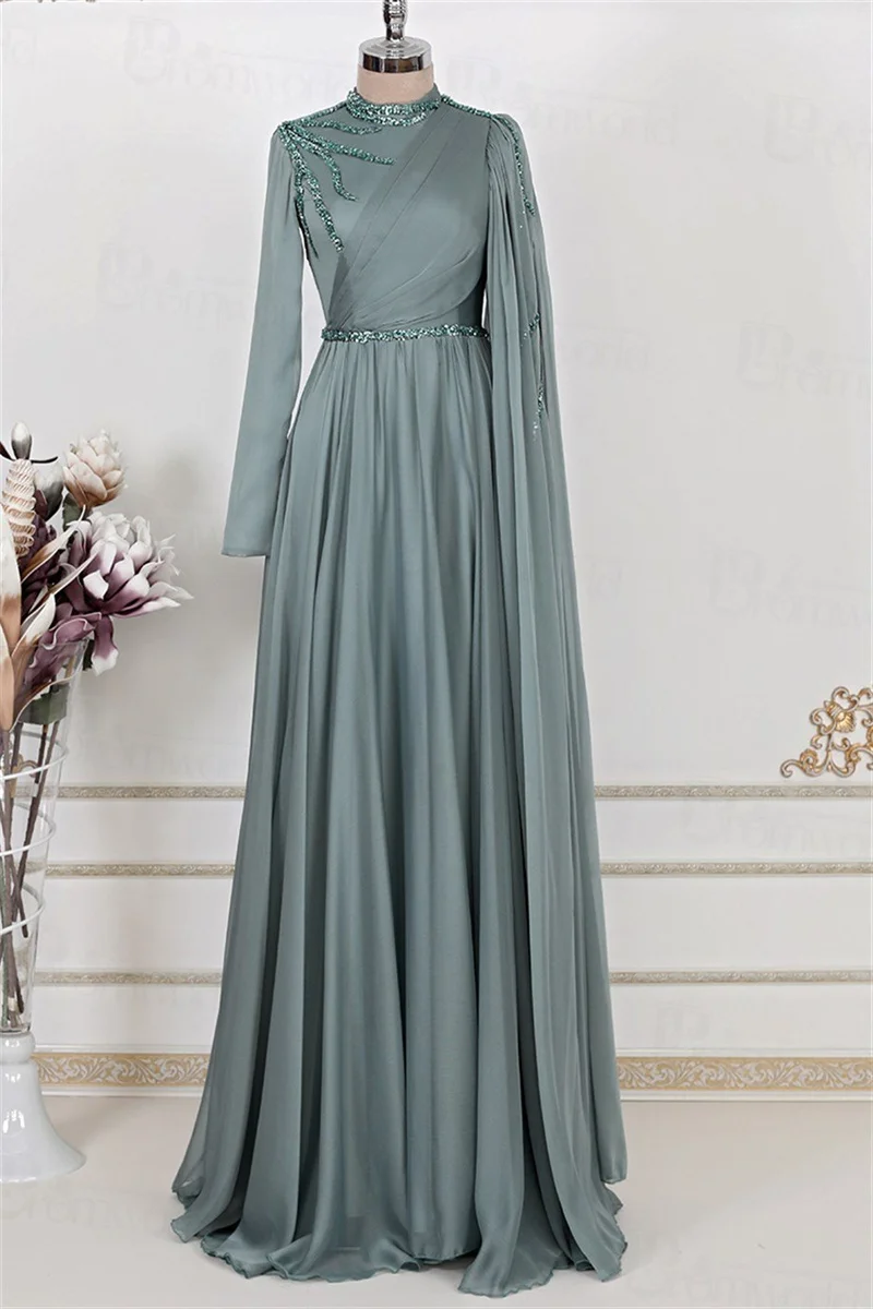 Classic A-Line Beading Chiffon Muslim Formal Dress High Neck Evening Gown Full Sleeves Wedding Guest Dresses for Women Abiye