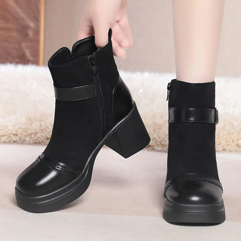 6.5cm Comfortable Elegant Women's Platform Shoes Winter Soft Leather Boot 2026 Block Heels Warm Thick Fur Ankle Motorcycle Boots