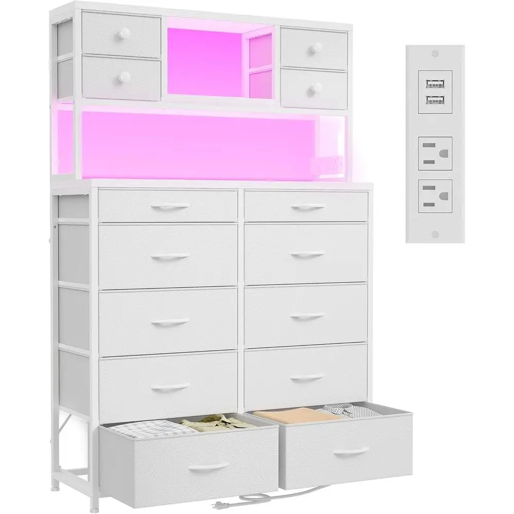 

62.8 High Bedroom Dresser with Multiple Fabric Drawers, White Dresser with Charging Station and LED Lights, Drawers & Chests for
