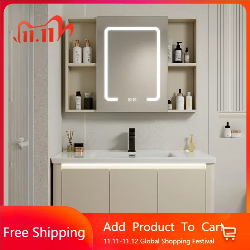

Bathroom Cabinet Space Aluminum Vanity with Ceramic Integrated Basin Bathroom Vanity with Door Two Drawers Home Furniture