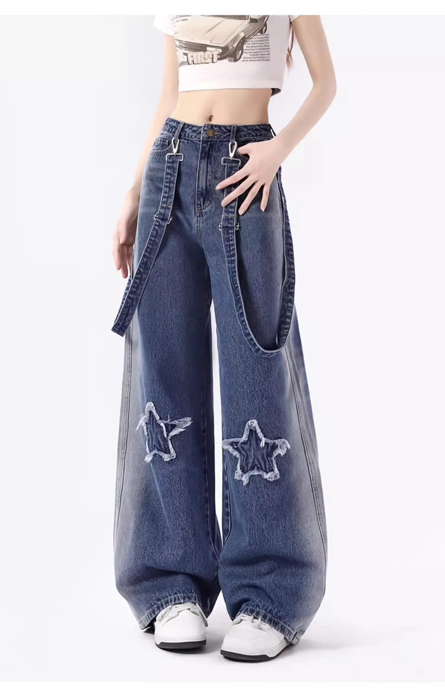 

Vintage High Waist Women Jeans Stars American Fashion Streetwear Wide Leg Jean Female Trouser Straight Baggy Denim Pants Y2K