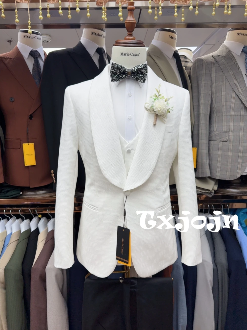 White Fully Jacquard Suit Set 3 Pieces For Men Wedding Groom Sets Handsome Elegant Shawl Lapel Men's Suits Party Tuxedo S-3XL
