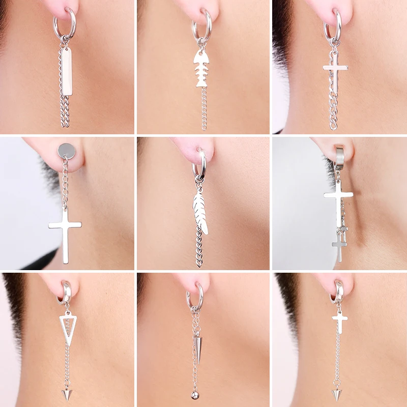 Geometry Unisex Titanium Stainless Steel Drop Hoop Earrings Chinese Character Tassel Chain Man Star Cross Dragon Feather