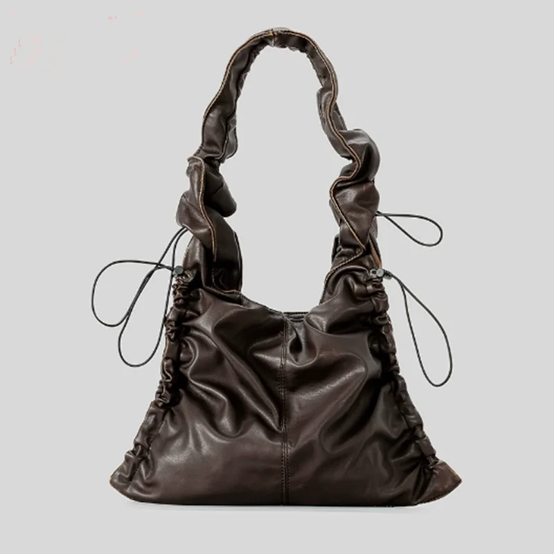 

Vintage Ruched Drawsting Women Shoulder Bags Casual Hobos Lady Handbags Luxury Pu Leather Underarm Bag Tote Purses 2025