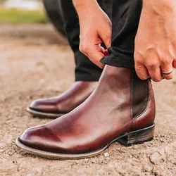 Men's Pull On Chealse Ankle Boots Classical Genuine Leather Vintage Short Boots Slip On Handmade Office Shoes Men Formal Boots