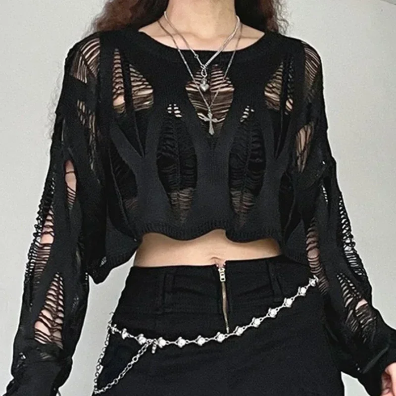 Women Knitted Pullover Dark 2024 Fashion Korean Harajuku Ripped Long-sleeved Top Sexy Openwork Summer Girl Sweater