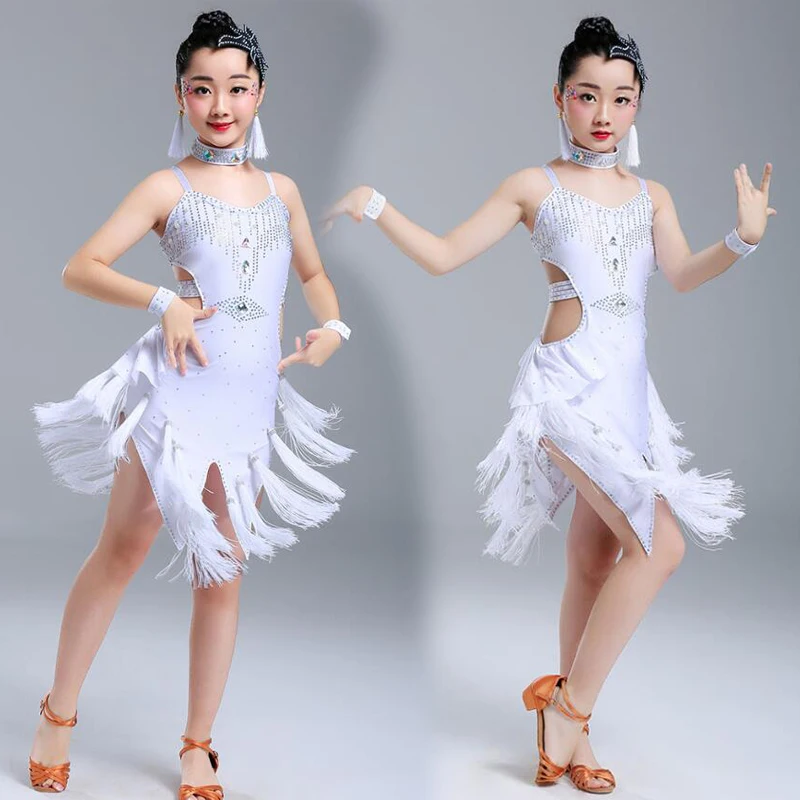 Glands paillettes filles salle de bal danse latine vêtements enfants Salsa compétitions Costumes filles patinage artistique robe Rave vêtements