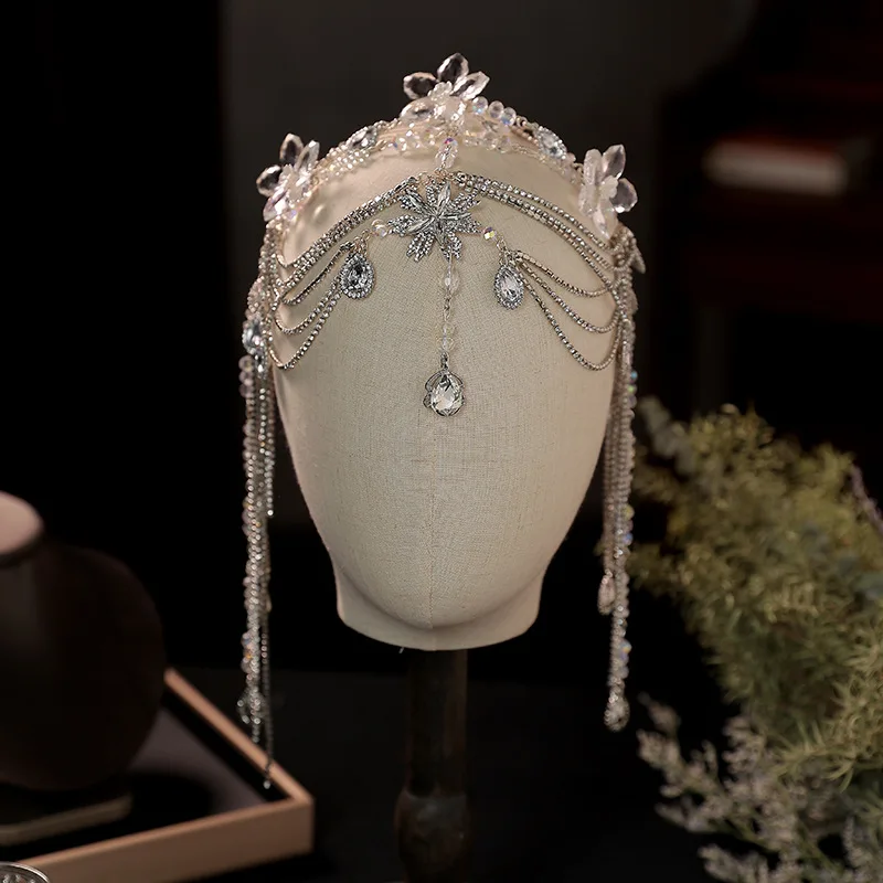 Bride Drip Tassel Hair Jewelry White Crystal Eyebrow Heart Pendant Hiphop Head Chain Princess Wedding Headband