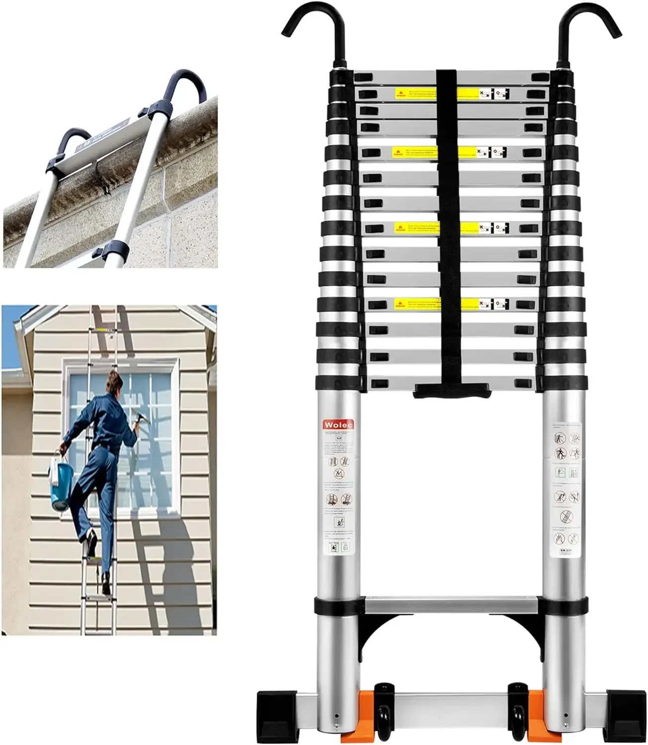 Wolec 19FT Telescoping Ladder with 2 Detachable Hooks,Reinforced Anti-Pinch Telescopic ladders with 2 Triangle Stabilizers, Port