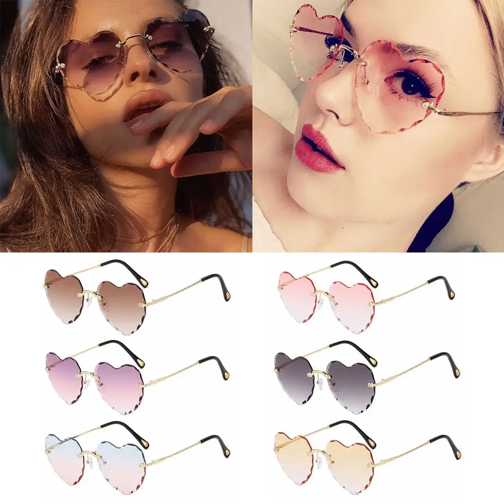 Heart Sunglasses Gradient Lens Love Heart Sun Glasses for Women Rimless Thin Metal Frame Heart Shaped Sunglasses Cute Eyewear