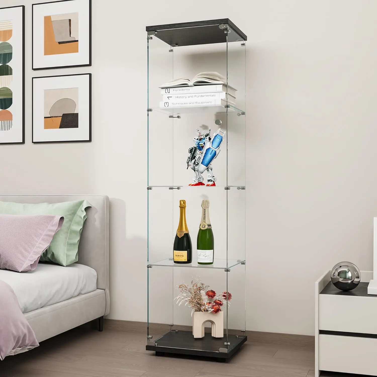 Vitrine aus gehärtetem Glas, 4-Regal-Schaukasten mit Sicherheitsschloss, 5 mm dickes Ausstellungsregal für Wohnzimmer/Schlafzimmer/Büro