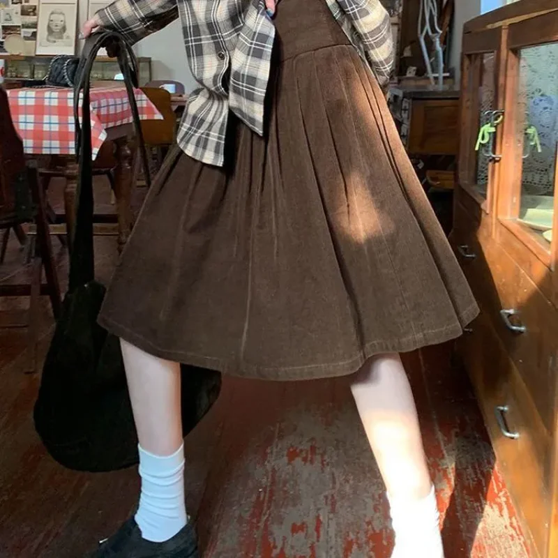 

Retro Maillard Corduroy Stylish Pleated Skirts Autumn Winter Solid Color Female Clothing High Waist Zipper American Knee Skirts